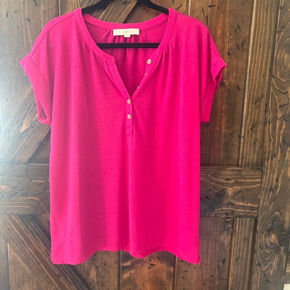 LOFT Bright Pink Short-Sleeve Henley Tee